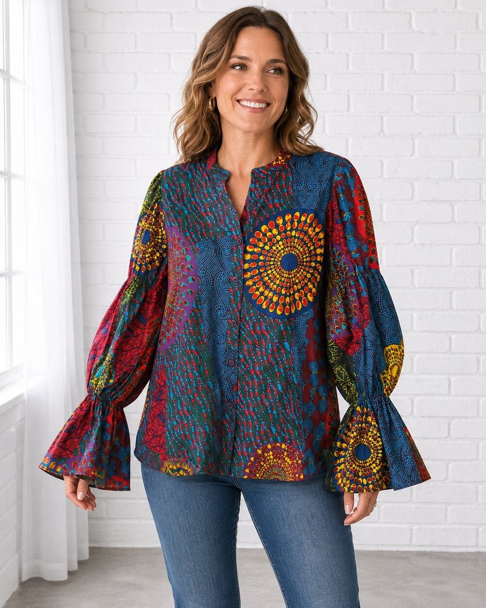 DIYANU Women’s L African Print Cotton Balloon Sleeve Button Front Boho Blouse